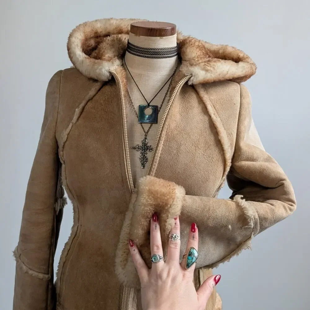 Vintage Tan Suede Shearling Coat Brown Wool Jacket Boho Chic Fur Coat Hood XS - Picture 6 of 12